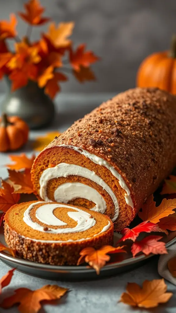 27+ Delightful Thanksgiving Desserts You Need to Try 11 A pumpkin roll with cream cheese filling, surrounded by autumn leaves and small pumpkins.
