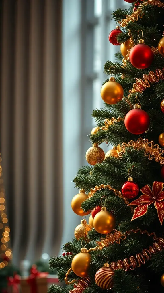 A beautifully decorated Christmas tree with gold and red ornaments.