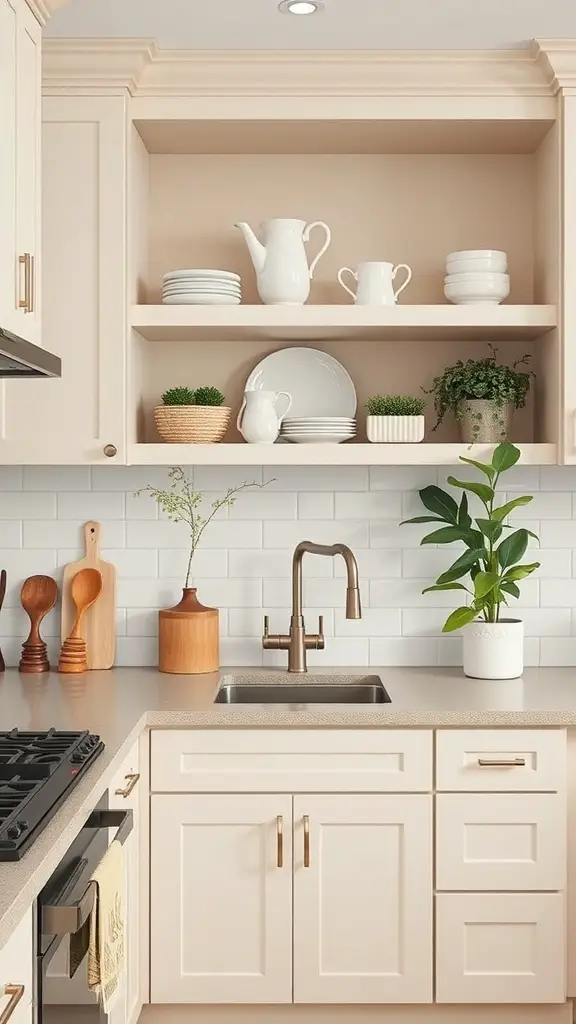 27+ Stylish Slim Shaker Cabinets for Your Dream Kitchen 9 A kitchen with slim shaker cabinets and open shelving displaying white dishes and plants.