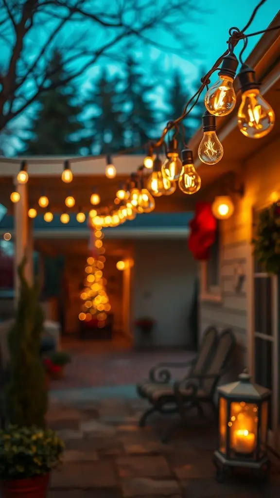 String of vintage-style Christmas bulbs hanging in an outdoor setting