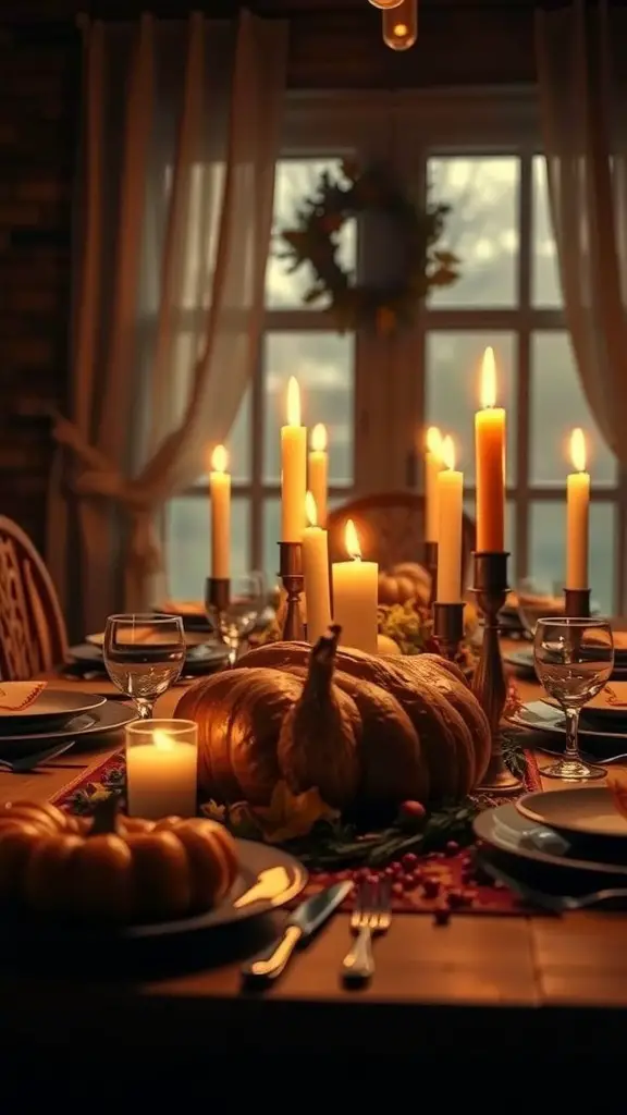 A beautifully set Thanksgiving table with candles, pumpkins, and autumn decor.