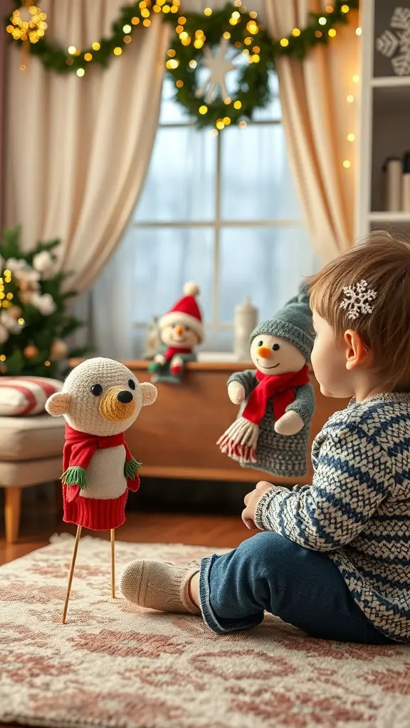 A child enjoying a winter-themed puppet show with snowman and bear puppets.
