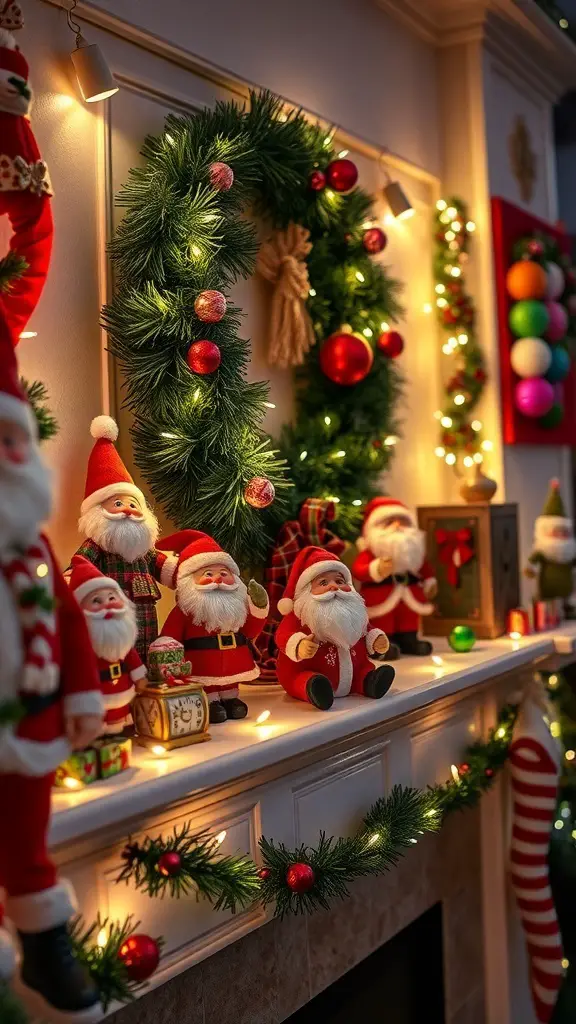 29+ Creative Christmas Mantel Decorating Ideas to Inspire Your Holiday Spirit 9 A festive mantel decorated with various Santa figurines, a green garland, and colorful ornaments.