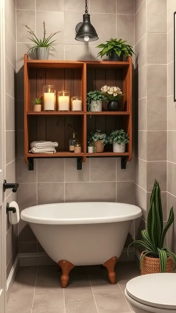 Rustic corner bathroom shelf with plants and candles