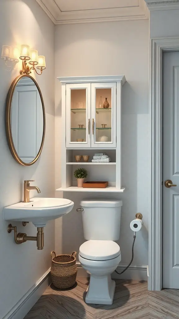 27+ Creative Bathroom Vanity Storage Ideas for an Organized Space 16 Stylish corner cabinet in a modern bathroom with a round mirror and elegant lighting