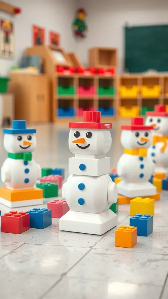 Colorful snowman building blocks in a classroom setting