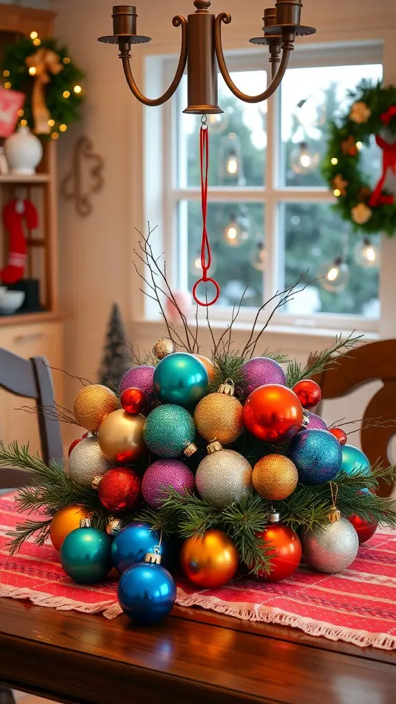 Colorful Christmas ornaments arranged as a centerpiece on a kitchen table