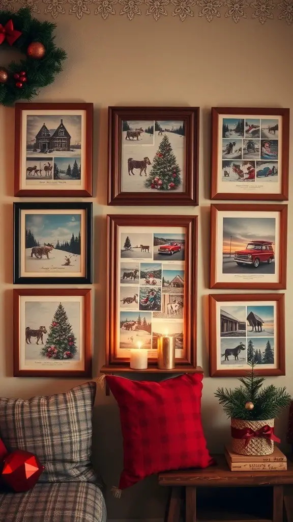 27+ Stunning Christmas Wall Art Ideas for a Festive Home 3 A wall decorated with vintage holiday postcards framed in wooden frames, featuring snowy scenes, Christmas trees, and festive elements.