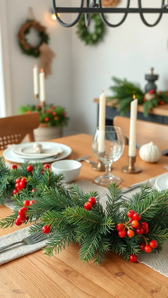 A Christmas dining table decorated with a handmade garland of evergreen branches and red berries.