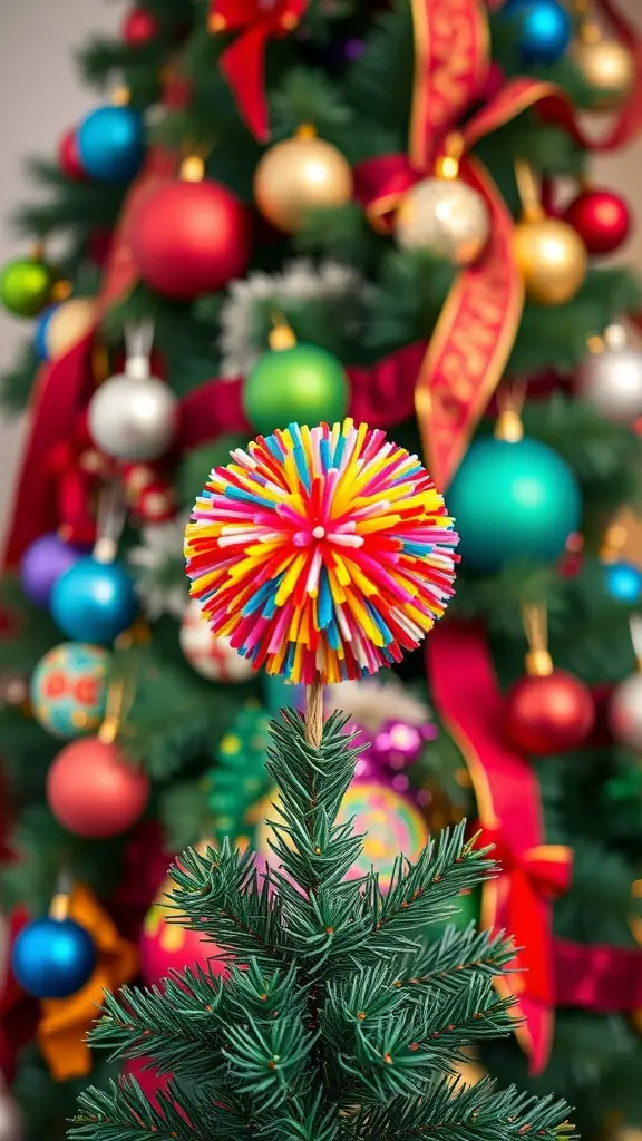 23+ Stunning Christmas Tree Topper Ideas to Inspire Your Holiday Decor 11 A colorful pom-pom tree topper on a decorated Christmas tree.