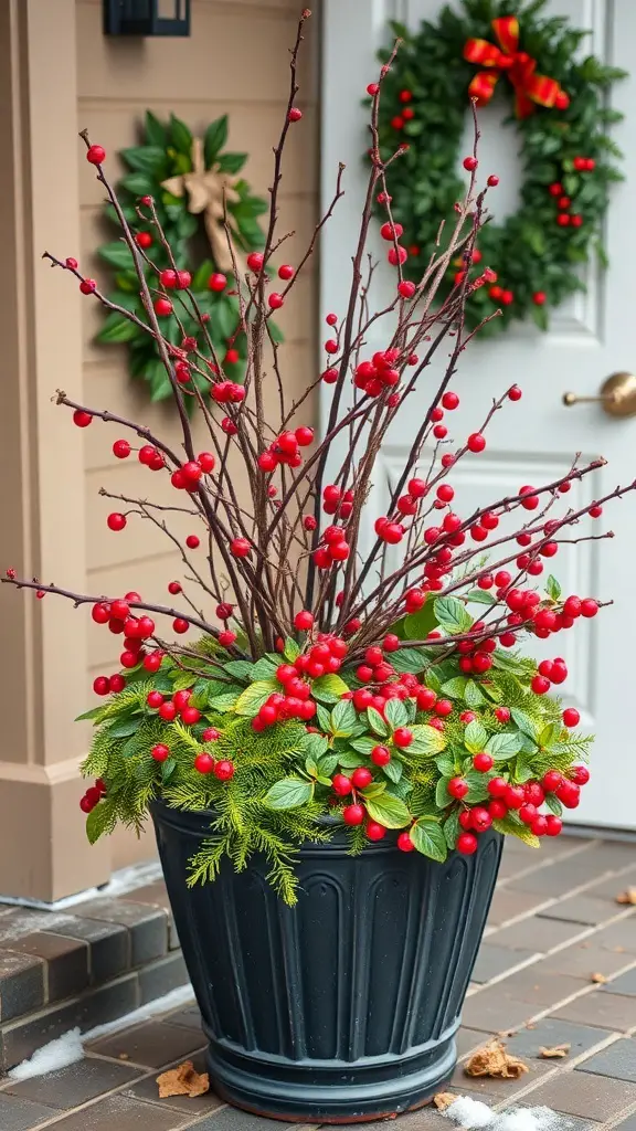 A festive outdoor planter filled with red berries and green foliage, set against a welcoming front door.
