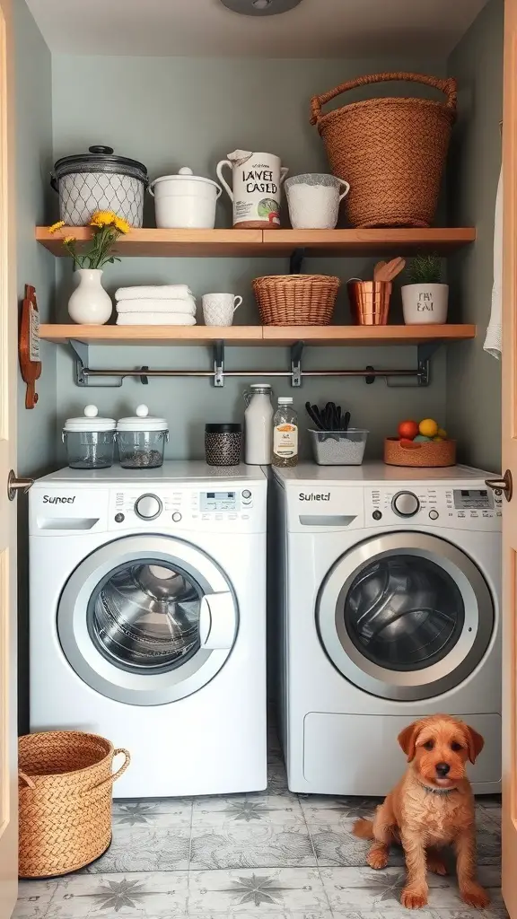 27+ Creative Small Space Solutions for Top Loader Laundry Rooms 16 A small, pet-friendly laundry room featuring two top-loading washing machines, organized shelves with baskets, and a cute dog sitting on the floor.