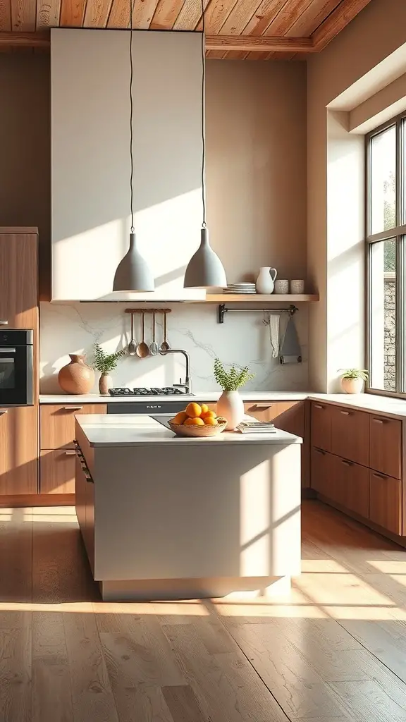 29+ Warm Neutral Kitchen Ideas to Transform Your Space 16 A warm neutral kitchen featuring a central island, wooden cabinetry, and natural light.