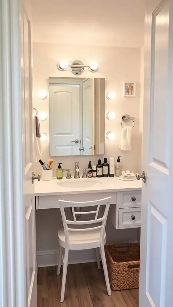 25+ Bathroom Closet Organization Ideas You’ll Love 14 A cozy vanity area within a closet featuring a bright mirror, organized beauty products, and good lighting.