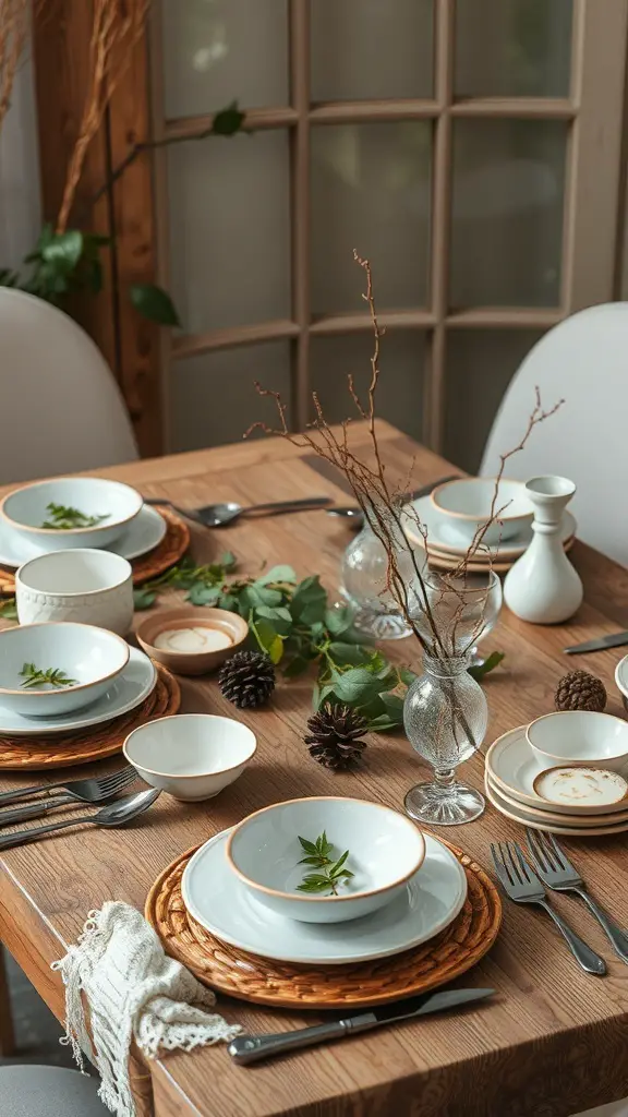 A beautifully arranged Christmas table with white dishes, pinecones, and greenery.