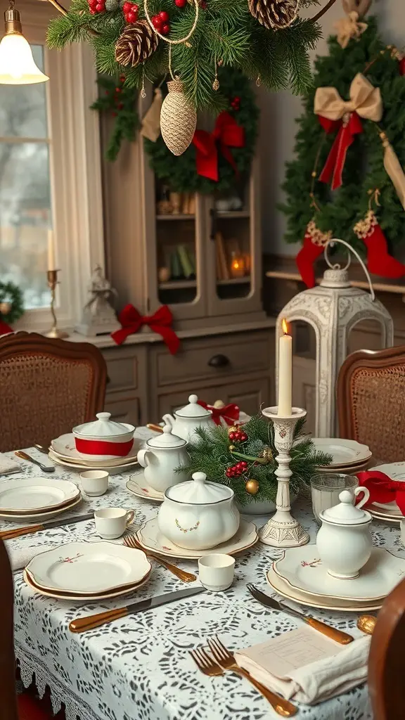A vintage Christmas dinner table setting with elegant china, greenery, and festive decorations.