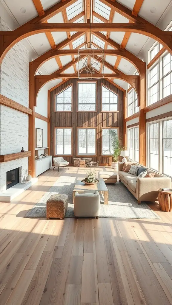29+ Inspiring Barndominium Interior Ideas You’ll Love 5 Bright open concept living space in a barndominium with wooden beams and large windows