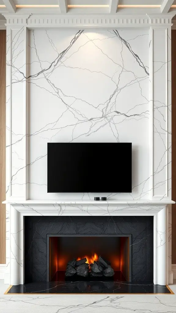 29+ Stunning TV Fireplace Wall Ideas You’ll Love 6 A modern fireplace wall featuring a white marble surround with gray veining, a black fireplace insert, and a mounted flat-screen TV.