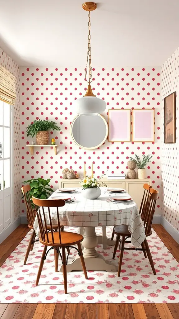 29+ Stunning Dining Room Wallpaper Ideas to Transform Your Space 11 A dining room featuring playful polka dot wallpaper in pink and white, with a round table and wooden chairs.