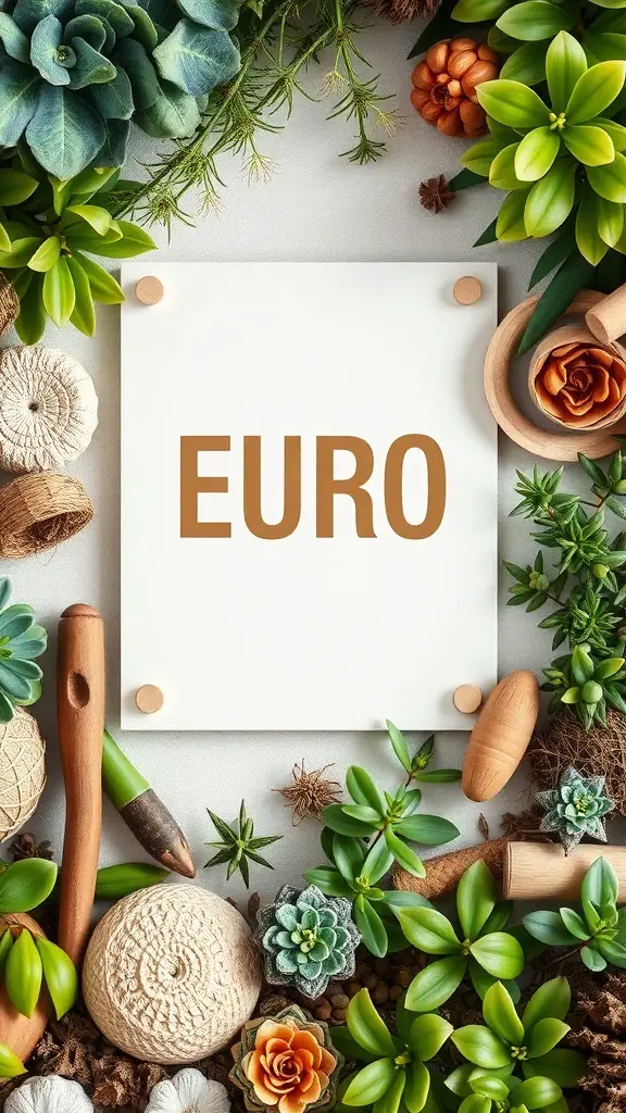 A nature-inspired arrangement featuring greenery, natural elements, and a blank canvas labeled 'EURO'.