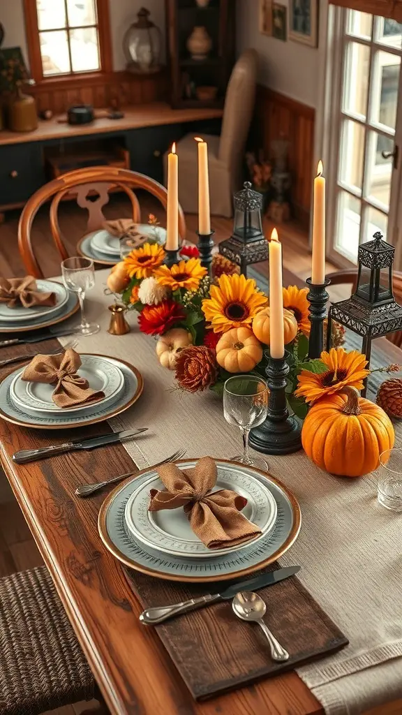 A rustic Thanksgiving table setting with antique dishware, featuring sunflowers, pumpkins, and candles.