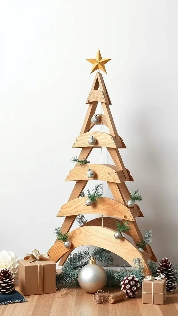 A minimalist geometric Christmas tree made of wooden layers, decorated with ornaments and a star on top, surrounded by gifts and pinecones.