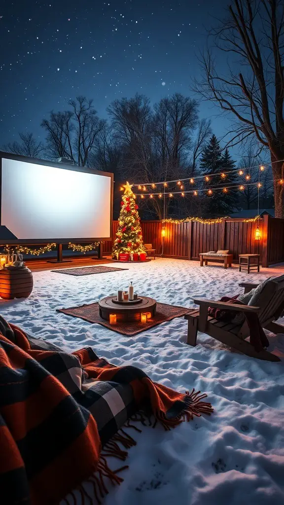 23+ Festive Christmas Event Ideas for a Joyous Celebration 3 Cozy outdoor movie night setup with a large screen, Christmas tree, and warm lighting in a snowy environment.