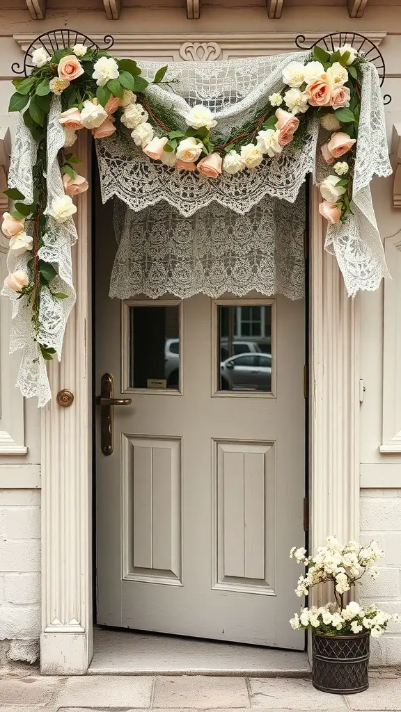 A vintage lace and floral garland over a doorway with a potted plant beside it.