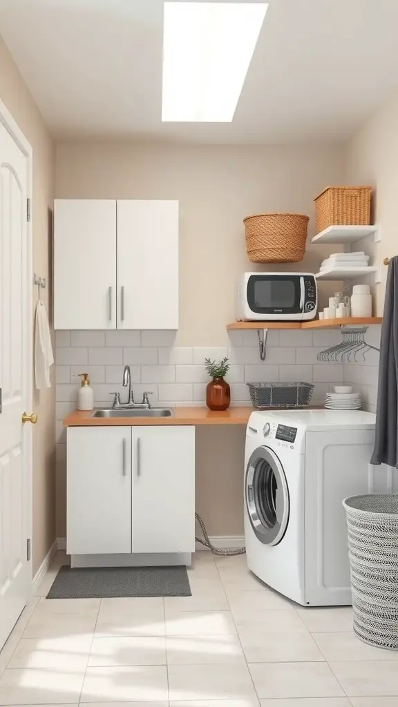 27+ Creative Small Space Solutions for Top Loader Laundry Rooms 7 A small laundry room featuring a washer, countertop, sink, and storage cabinets.