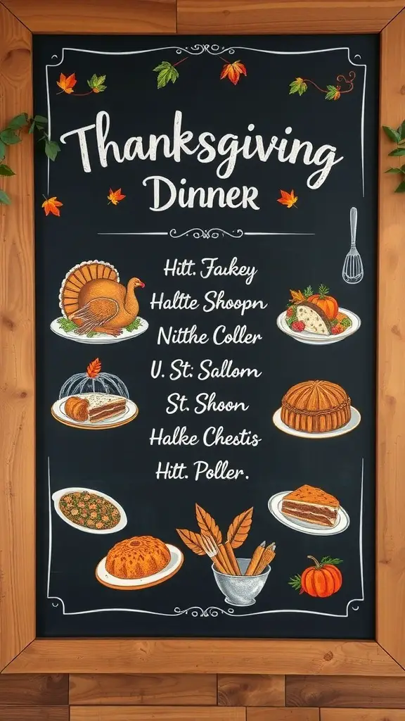 Chalkboard art displaying a Thanksgiving dinner menu with illustrations of turkey and various dishes.