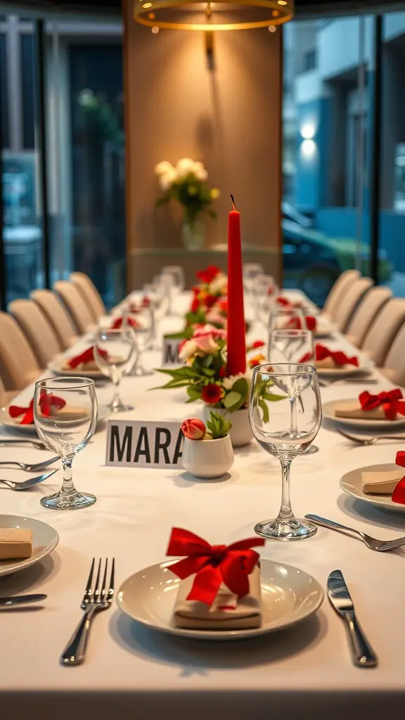 A modern Thanksgiving table set with personalized gifts and name tags.
