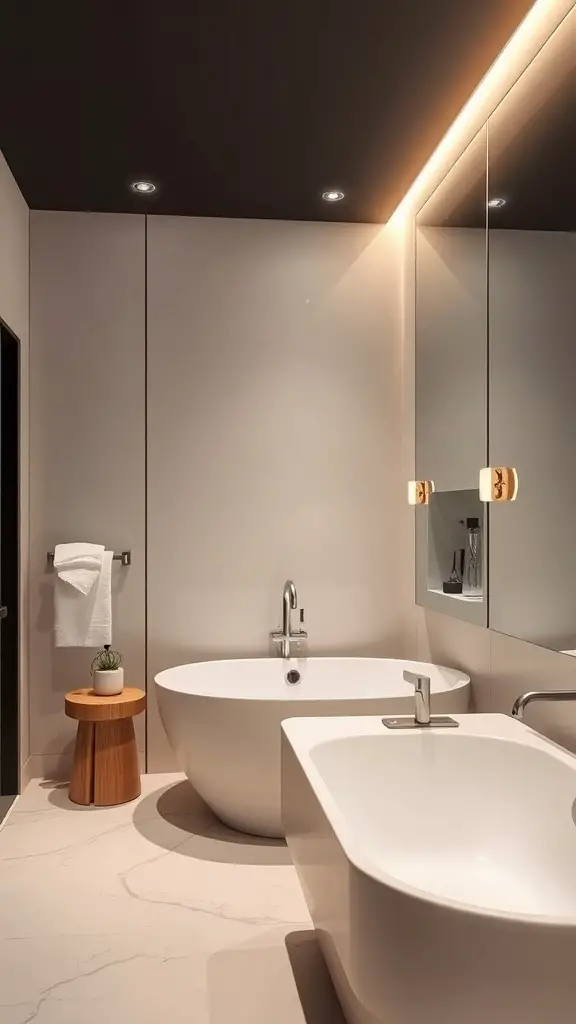 25+ Stunning Master Bath Ideas to Transform Your Space 4 A modern master bath featuring a sleek design with a freestanding tub, smart lighting, and a minimalist aesthetic.