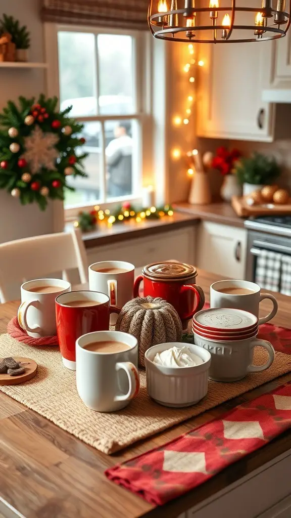 A cozy hot cocoa station on a kitchen table with various mugs, toppings, and festive decorations.