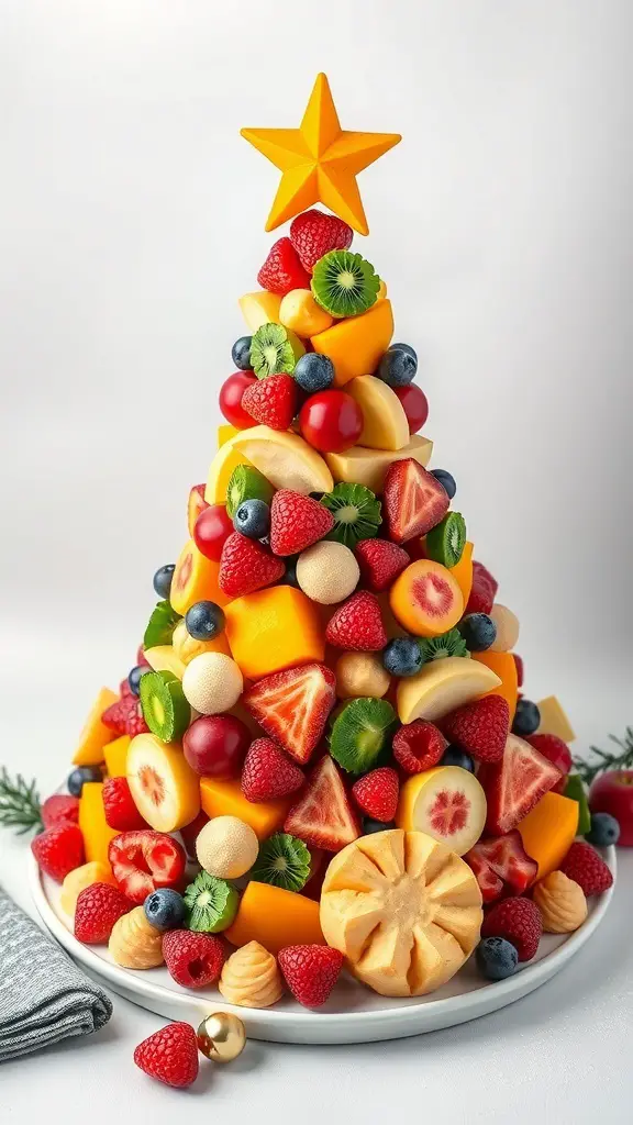 23+ Creative Christmas Breakfast Ideas That Kids Will Love 4 A colorful fruit platter arranged like a Christmas tree, topped with a star.