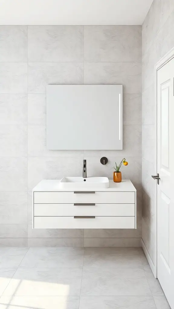29+ Stunning Bathroom Vanity Ideas You’ll Love 3 A modern floating bathroom vanity with a white finish, three drawers, a basin, and a wall-mounted mirror.