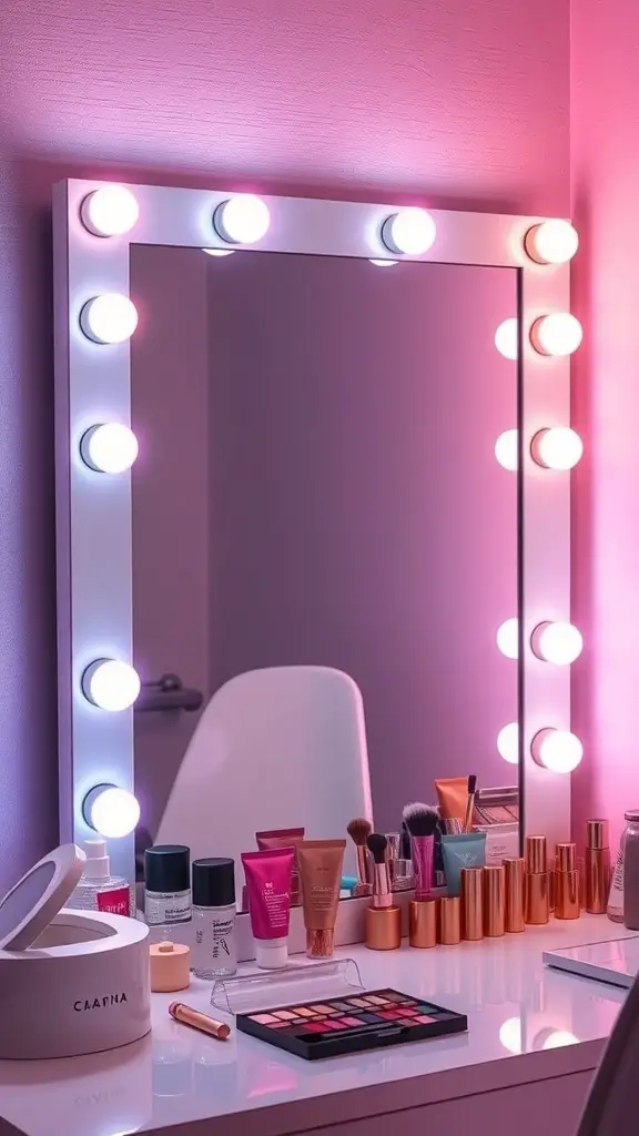 27+ Stylish Vanity Mirror Ideas to Elevate Your Space 4 A stylish color-changing LED mirror surrounded by makeup products on a vanity.