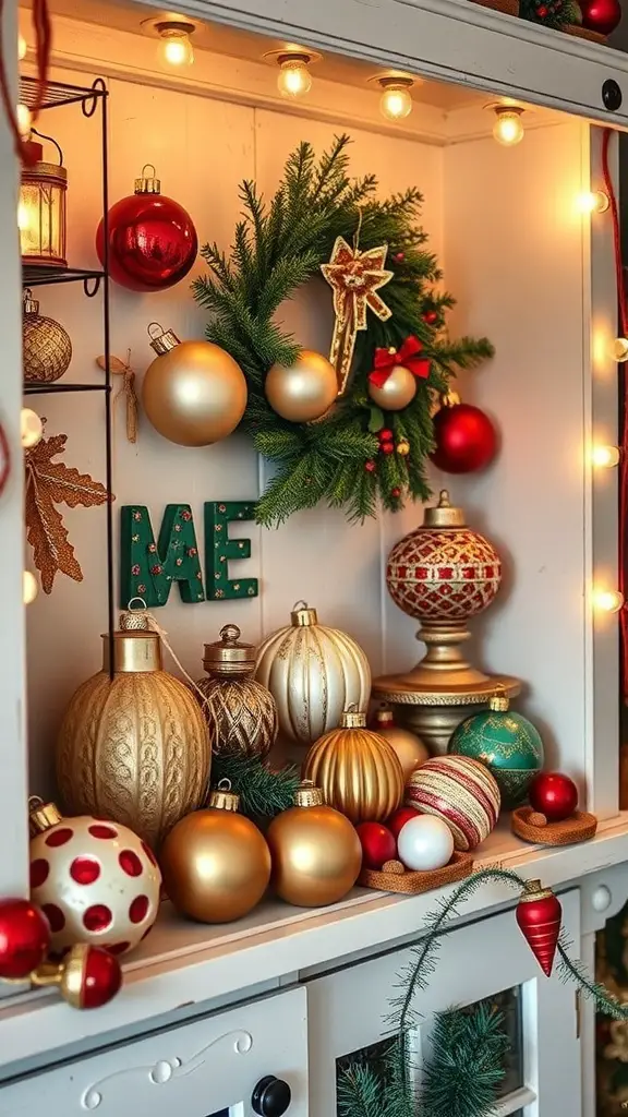 A display of vintage Christmas ornaments in gold and red, with a wreath and string lights.