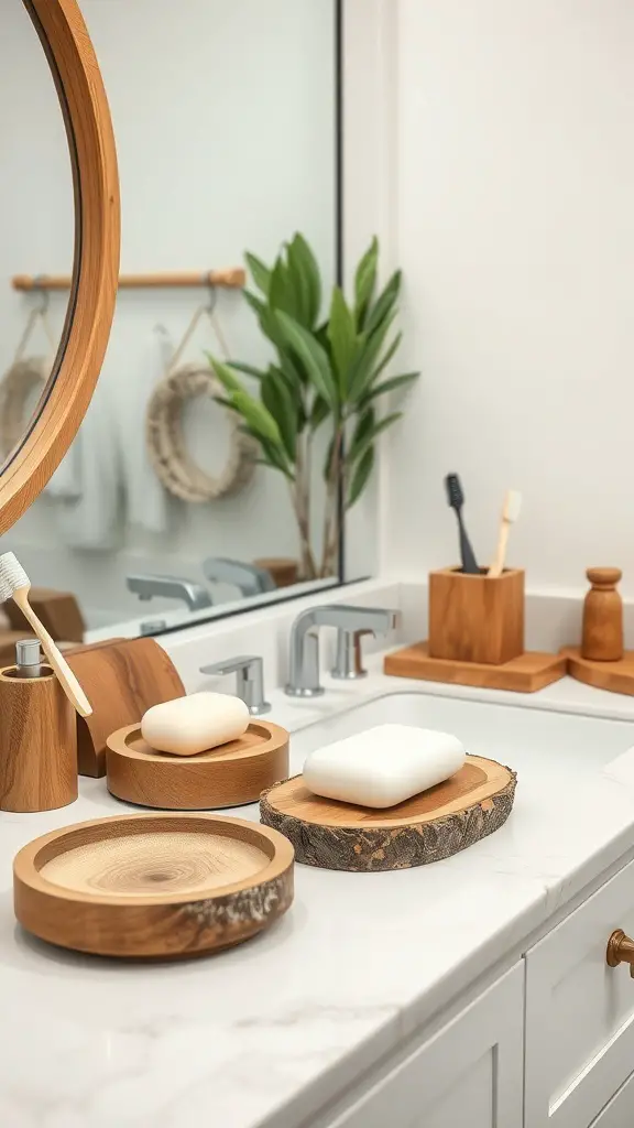 Rustic wood bathroom accessories on a countertop