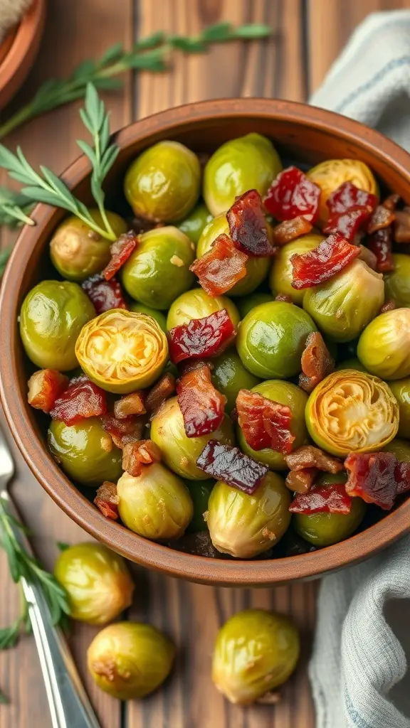 27+ Must-Have Dishes for the Ultimate Thanksgiving Spread 12 A bowl of Brussels sprouts with bacon, showcasing vibrant green sprouts and crispy bacon pieces.