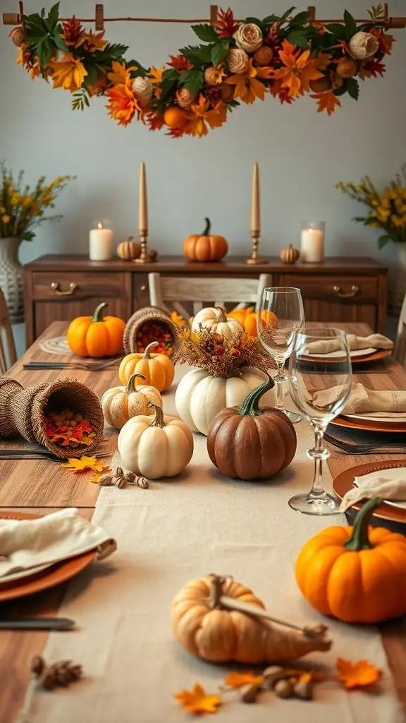 A beautifully decorated harvest-inspired table with pumpkins, autumn leaves, and candles.
