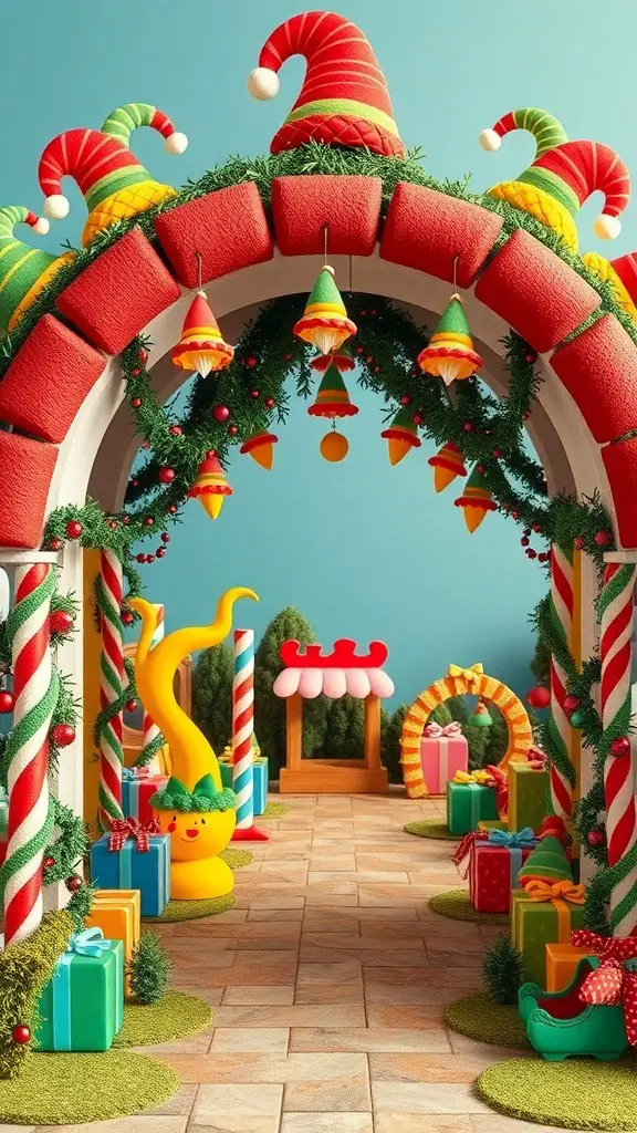A colorful Christmas archway decorated with elf hats, candy canes, and gifts, creating a whimsical holiday atmosphere.