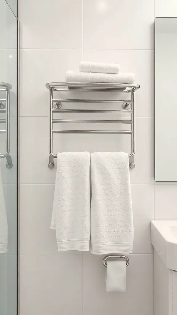23+ Stylish Bathroom Towel Rack Ideas You’ll Love 9 A modern wall-mounted towel rack with white towels in a bathroom setting.