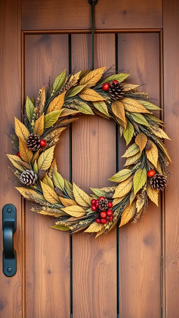 A beautiful harvest wreath made of autumn leaves, pinecones, and red berries, hanging on a wooden door.