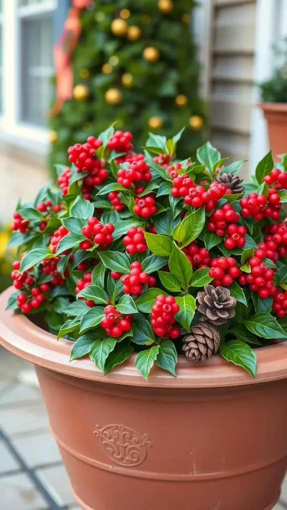 A festive outdoor planter filled with bright red berries and green leaves, featuring a pinecone, set against a holiday backdrop.