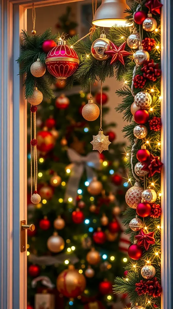 29+ Creative Christmas Doorway Decorations to Brighten Your Holiday Season 13 A beautifully decorated doorway with hanging ornaments and baubles, featuring red and gold colors, and a Christmas tree in the background.