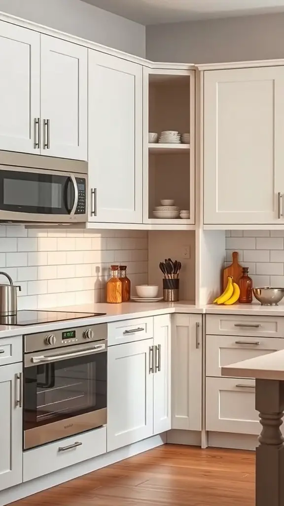 27+ Stylish Slim Shaker Cabinets for Your Dream Kitchen 10 A modern kitchen featuring slim shaker cabinets, integrated microwave and oven, and open shelving.