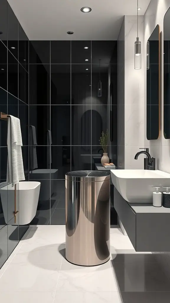 A modern bathroom featuring a sleek stainless steel trash can, minimalist design, and contemporary decor.