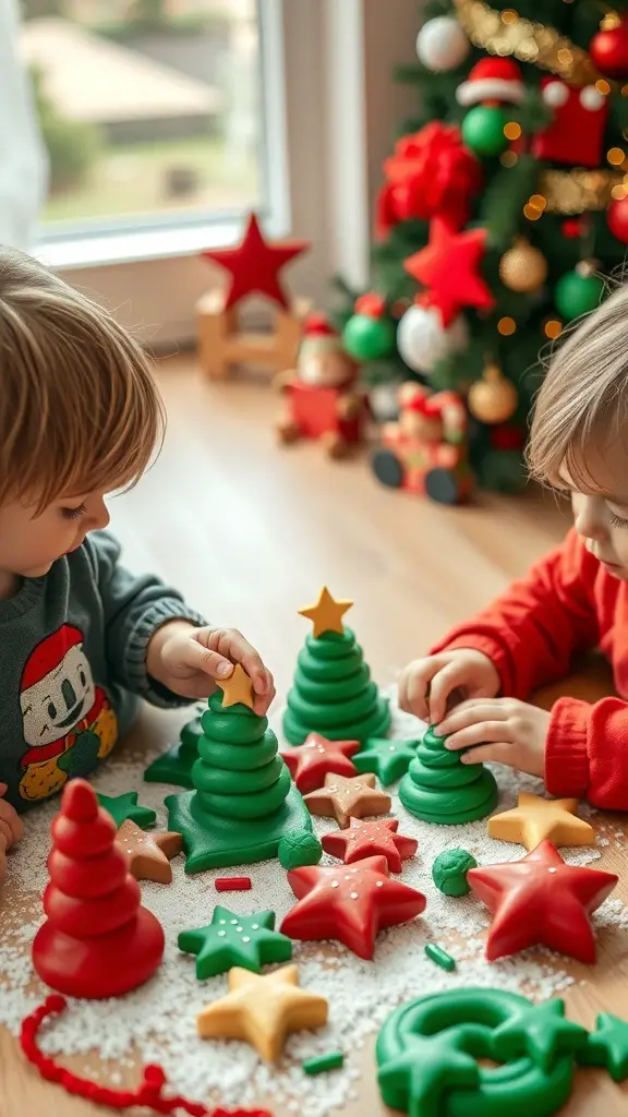 27+ Fun Christmas Activities for Toddlers 8 Two toddlers playing with holiday-themed playdough, creating Christmas trees and stars.