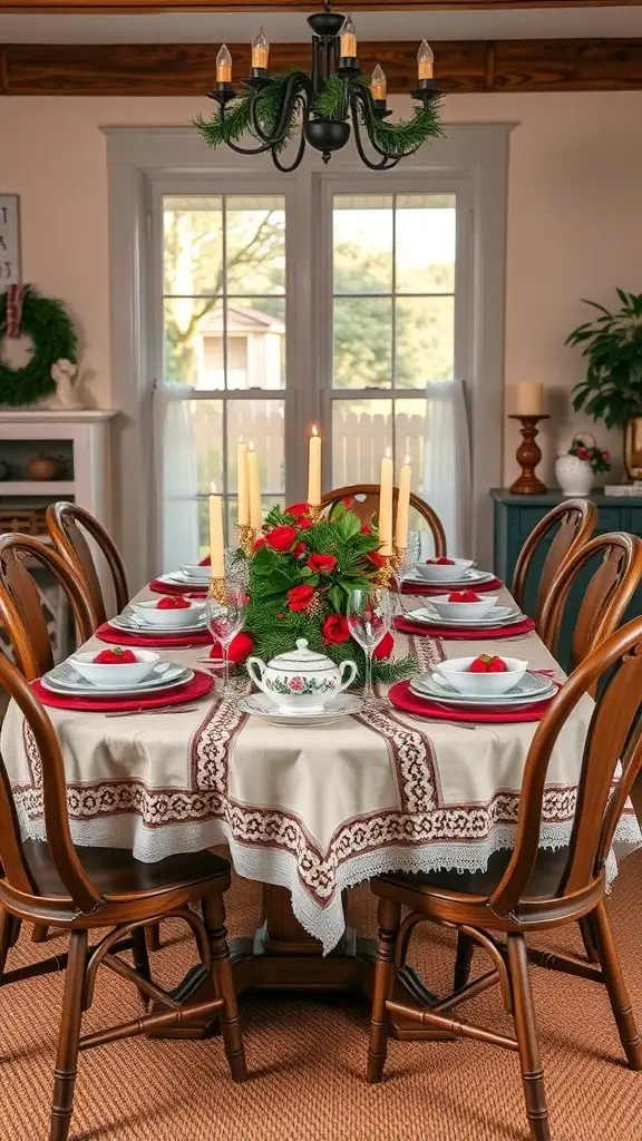 A vintage-inspired Christmas table setting with a cream tablecloth, red chargers, white plates, and a festive centerpiece.