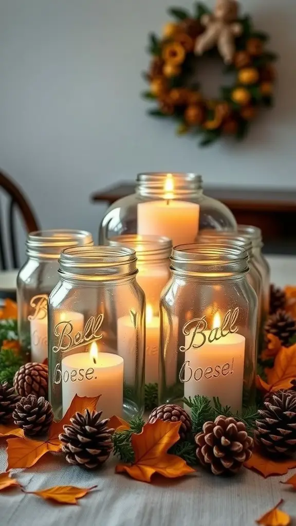 Candles in mason jars surrounded by pinecones and autumn leaves on a Thanksgiving table.